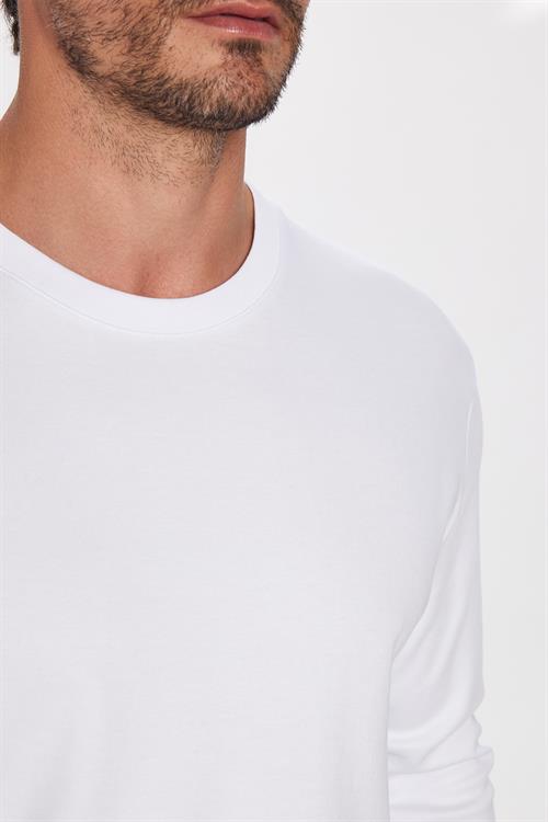 Unisex Relax Fit Rahat Kesim %100 Pamuk Uzun Kollu Bisiklet Yaka Beyaz Basic Tişört