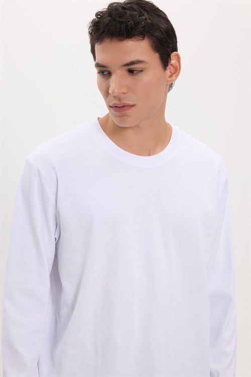 Unisex Relax Fit Rahat Kesim %100 Pamuk Uzun Kollu Bisiklet Yaka Beyaz Basic Tişört
