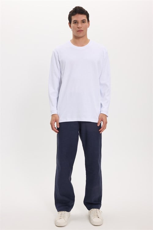Unisex Relax Fit Rahat Kesim %100 Pamuk Uzun Kollu Bisiklet Yaka Beyaz Basic Tişört