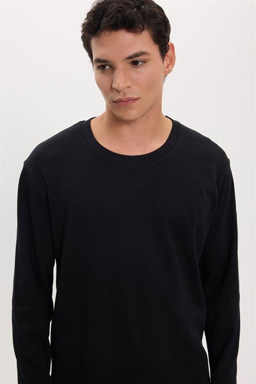 Unisex Relax Fit Rahat Kesim %100 Pamuk Uzun Kollu Bisiklet Yaka Siyah Basic Tişört