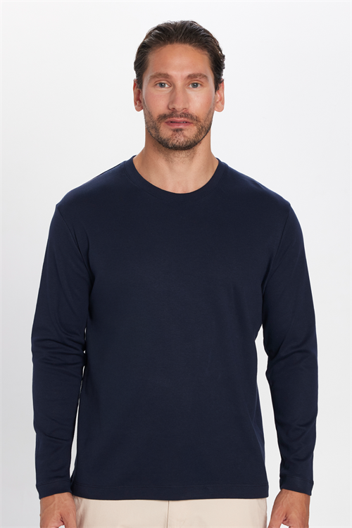 Unisex Relax Fit Rahat Kesim %100 Pamuk Uzun Kollu Bisiklet Yaka Lacivert Basic Tişört