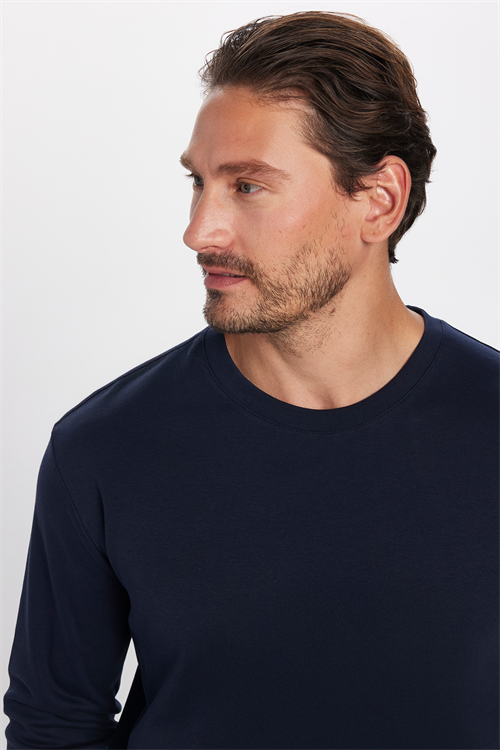 Unisex Relax Fit Rahat Kesim %100 Pamuk Uzun Kollu Bisiklet Yaka Lacivert Basic Tişört