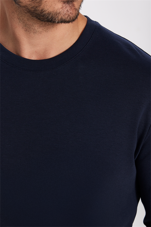 Unisex Relax Fit Rahat Kesim %100 Pamuk Uzun Kollu Bisiklet Yaka Lacivert Basic Tişört