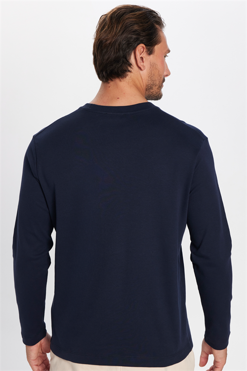 Unisex Relax Fit Rahat Kesim %100 Pamuk Uzun Kollu Bisiklet Yaka Lacivert Basic Tişört