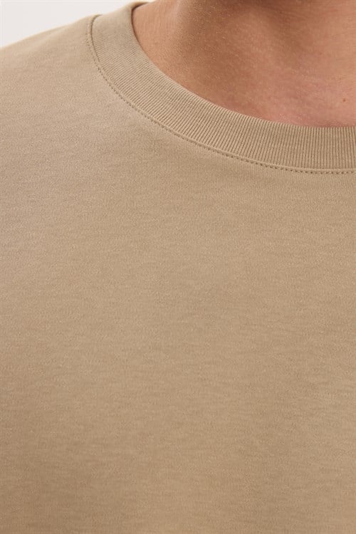 Unisex Relax Fit Rahat Kesim %100 Pamuk Uzun Kollu Bisiklet Yaka Bej Basic Tişört