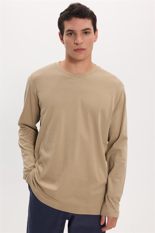 Unisex Relax Fit Rahat Kesim %100 Pamuk Uzun Kollu Bisiklet Yaka Bej Basic Tişört