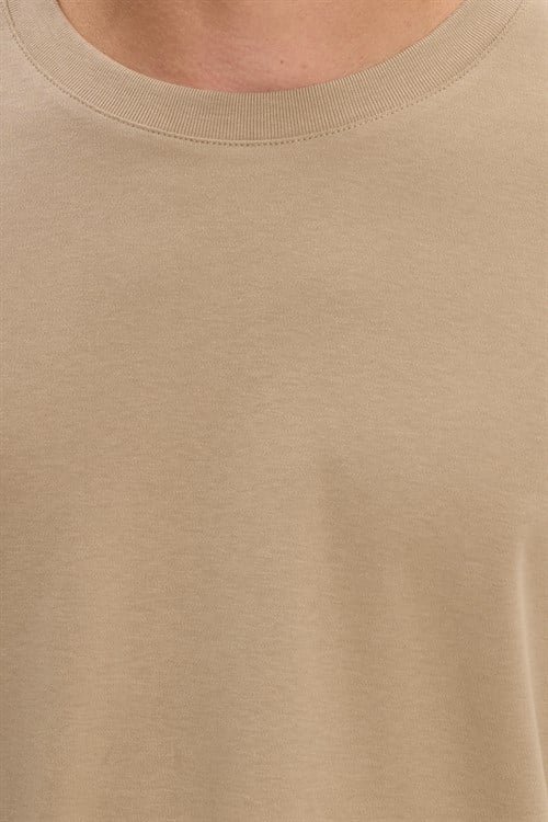 Unisex Relax Fit Rahat Kesim %100 Pamuk Uzun Kollu Bisiklet Yaka Bej Basic Tişört
