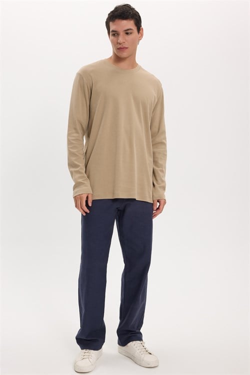 Unisex Relax Fit Rahat Kesim %100 Pamuk Uzun Kollu Bisiklet Yaka Bej Basic Tişört