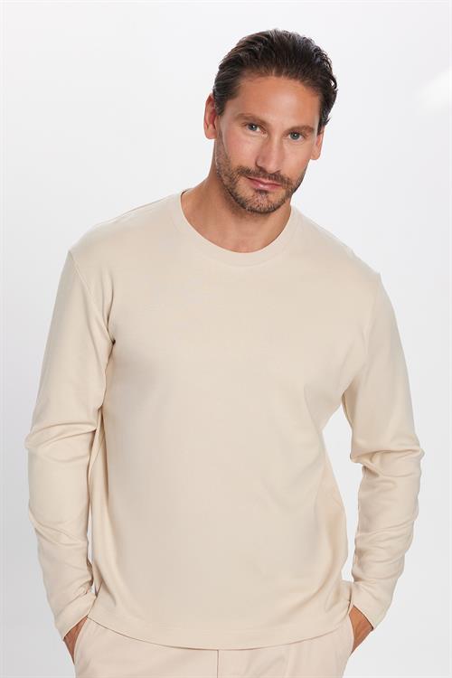 Unisex Relax Fit Rahat Kesim %100 Pamuk Uzun Kollu Bisiklet Yaka Bej Basic Tişört