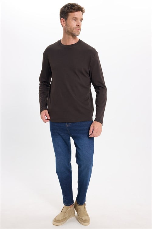 Unisex Relax Fit Rahat Kesim %100 Pamuk Uzun Kollu Bisiklet Yaka Kahverengi Basic Tişört