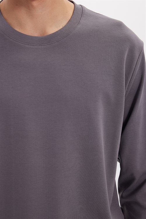 Unisex Relax Fit Rahat Kesim %100 Pamuk Uzun Kollu Bisiklet Yaka Koyu Gri Basic Tişört