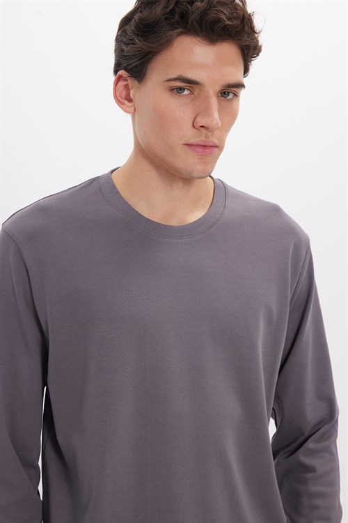 Unisex Relax Fit Rahat Kesim %100 Pamuk Uzun Kollu Bisiklet Yaka Koyu Gri Basic Tişört