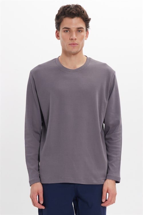 Unisex Relax Fit Rahat Kesim %100 Pamuk Uzun Kollu Bisiklet Yaka Koyu Gri Basic Tişört