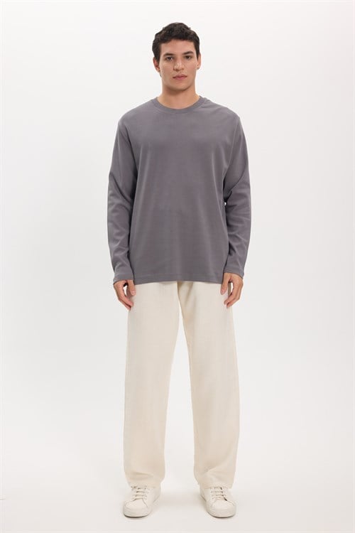 Unisex Relax Fit Rahat Kesim %100 Pamuk Uzun Kollu Bisiklet Yaka Koyu Gri Basic Tişört