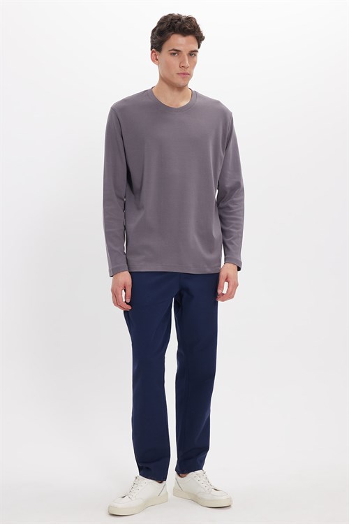 Unisex Relax Fit Rahat Kesim %100 Pamuk Uzun Kollu Bisiklet Yaka Koyu Gri Basic Tişört