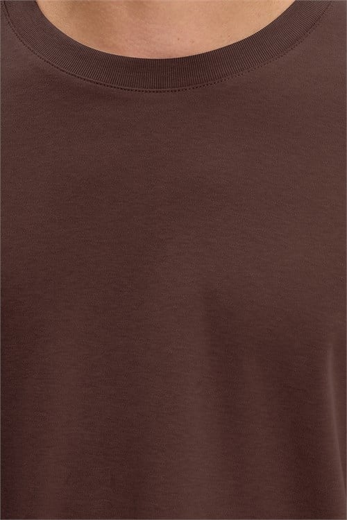 Unisex Relax Fit Rahat Kesim %100 Pamuk Uzun Kollu Bisiklet Yaka Kahverengi Basic Tişört
