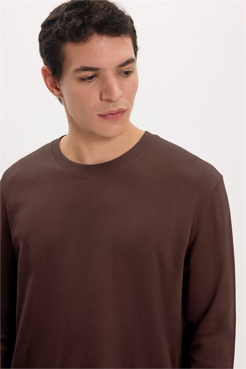 Unisex Relax Fit Rahat Kesim %100 Pamuk Uzun Kollu Bisiklet Yaka Kahverengi Basic Tişört