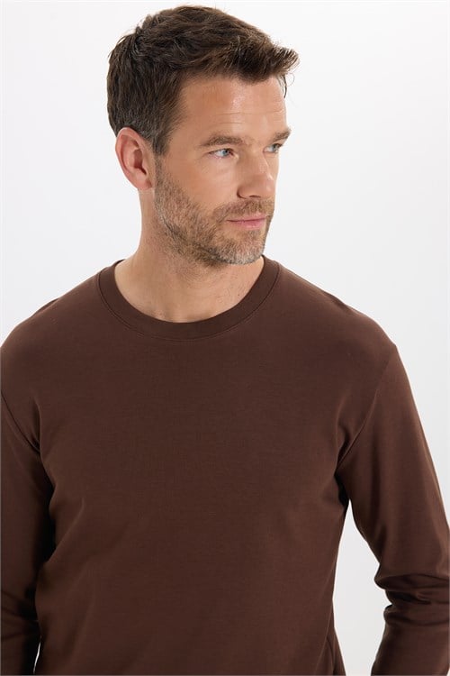 Unisex Relax Fit Rahat Kesim %100 Pamuk Uzun Kollu Bisiklet Yaka Kahverengi Basic Sweatshirt