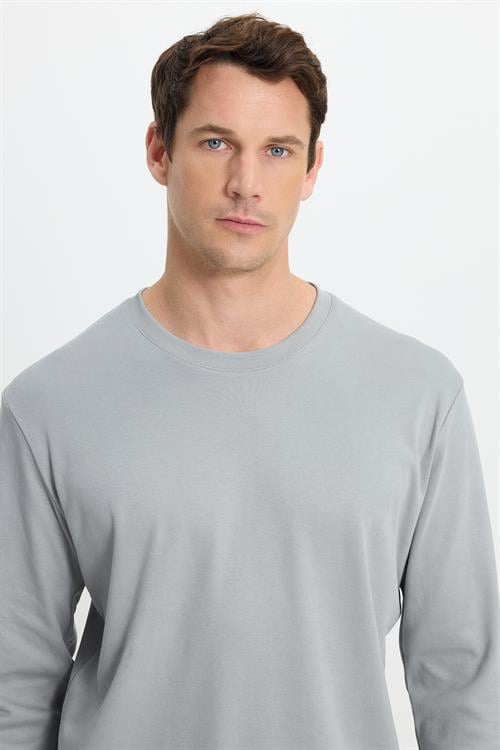 Unisex Relax Fit Rahat Kesim %100 Pamuk Uzun Kollu Bisiklet Yaka Gri Basic Tişört