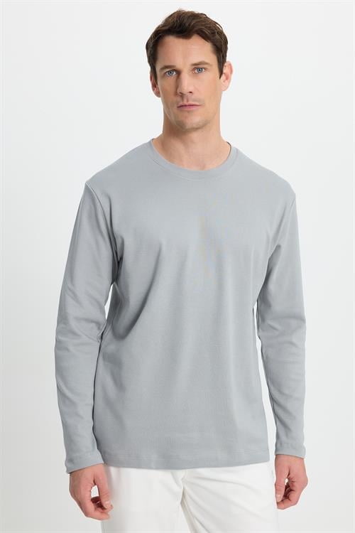 Unisex Relax Fit Rahat Kesim %100 Pamuk Uzun Kollu Bisiklet Yaka Gri Basic Tişört