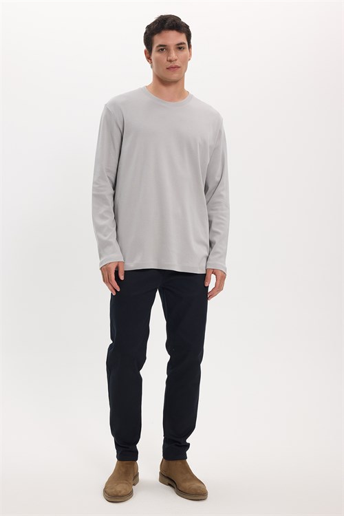 Unisex Relax Fit Rahat Kesim %100 Pamuk Uzun Kollu Bisiklet Yaka Gri Basic Tişört
