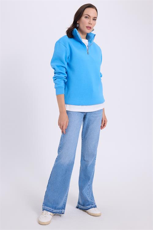 Kadın Relax Fit Rahat Kesim Pamuklu İçi Polarlı Yarım Fermuarlı Mavi Dik Yaka Sweatshirt