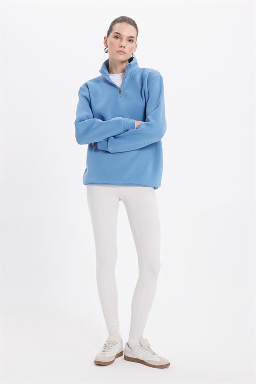 Kadın Relax Fit Rahat Kesim Pamuklu İçi Polarlı Yarım Fermuarlı Mavi Dik Yaka Sweatshirt