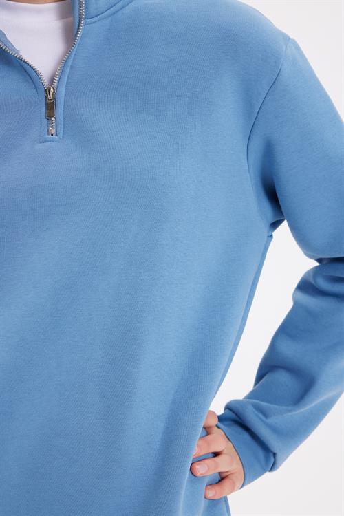 Kadın Relax Fit Rahat Kesim Pamuklu İçi Polarlı Yarım Fermuarlı Mavi Dik Yaka Sweatshirt