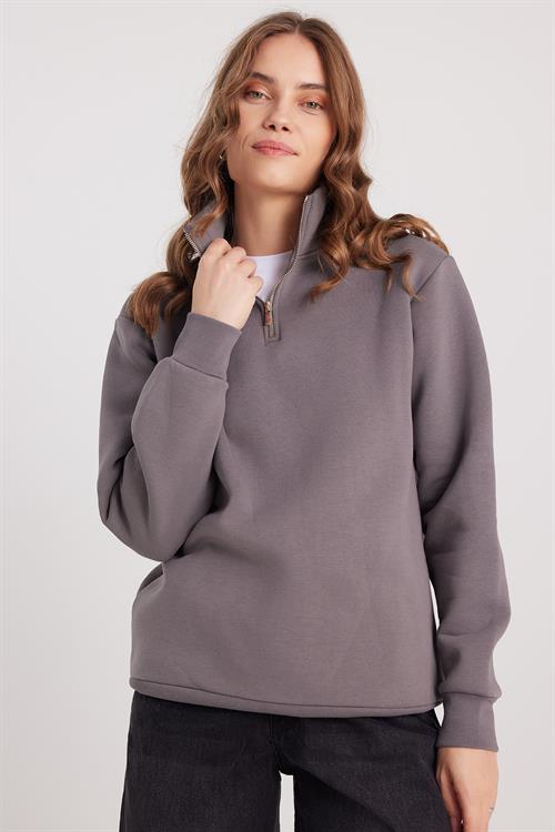 Kadın Relax Fit Rahat Kesim Pamuklu İçi Polarlı Yarım Fermuarlı Gri Dik Yaka Sweatshirt