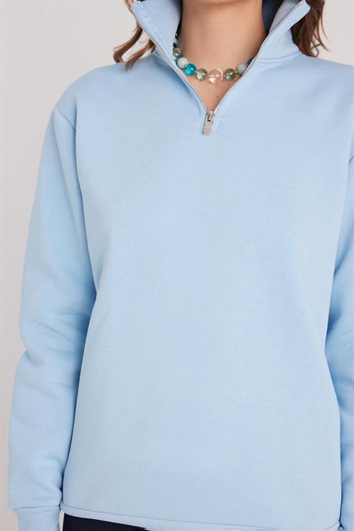 Kadın Relax Fit Rahat Kesim Pamuklu İçi Polarlı Yarım Fermuarlı Mavi Dik Yaka Sweatshirt