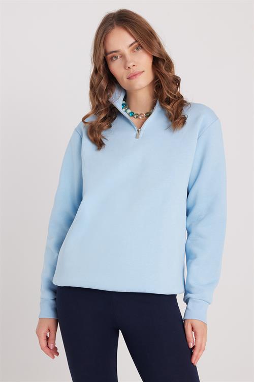 Kadın Relax Fit Rahat Kesim Pamuklu İçi Polarlı Yarım Fermuarlı Mavi Dik Yaka Sweatshirt