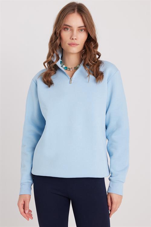 Kadın Relax Fit Rahat Kesim Pamuklu İçi Polarlı Yarım Fermuarlı Mavi Dik Yaka Sweatshirt