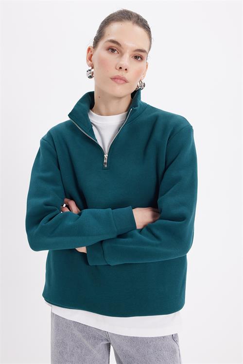 Kadın Relax Fit Rahat Kesim Pamuklu İçi Polarlı Yarım Fermuarlı Yeşil Dik Yaka Sweatshirt