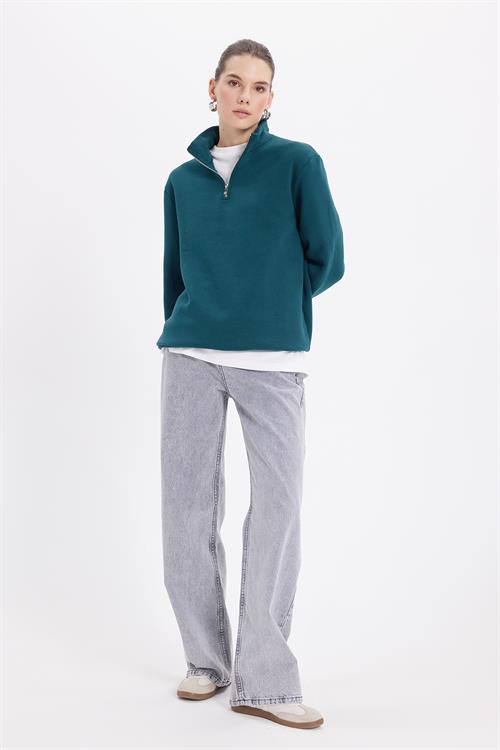 Kadın Relax Fit Rahat Kesim Pamuklu İçi Polarlı Yarım Fermuarlı Yeşil Dik Yaka Sweatshirt