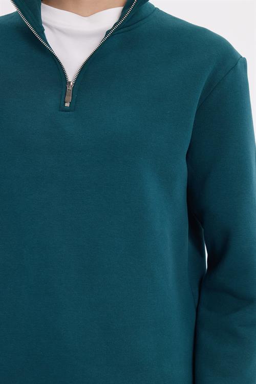 Kadın Relax Fit Rahat Kesim Pamuklu İçi Polarlı Yarım Fermuarlı Yeşil Dik Yaka Sweatshirt