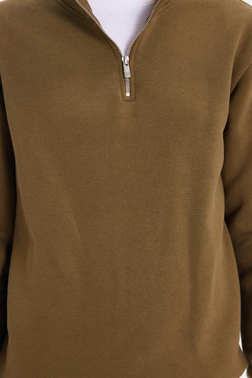 Kadın Relax Fit Rahat Kesim Pamuklu İçi Polarlı Yarım Fermuarlı Yeşil Dik Yaka Sweatshirt