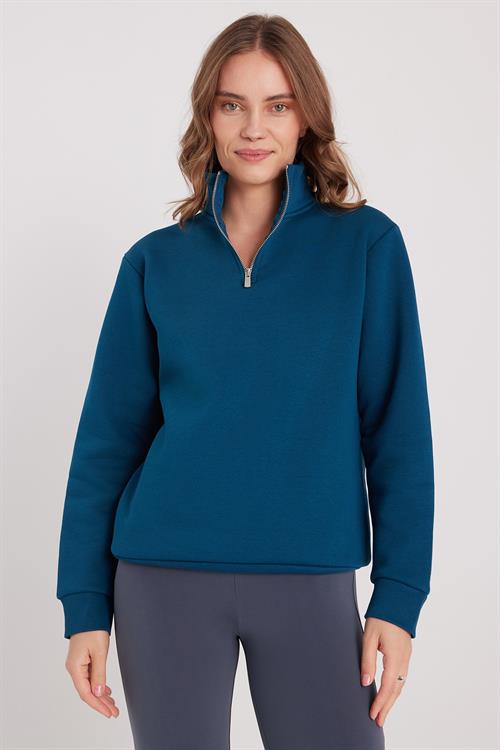 Kadın Relax Fit Rahat Kesim Pamuklu İçi Polarlı Yarım Fermuarlı İndigo Dik Yaka Sweatshirt