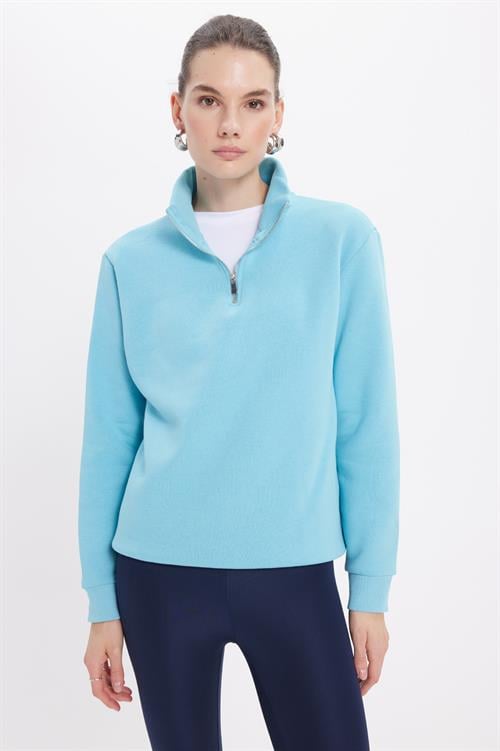 Kadın Relax Fit Rahat Kesim Pamuklu İçi Polarlı Yarım Fermuarlı Turkuaz Dik Yaka Sweatshirt