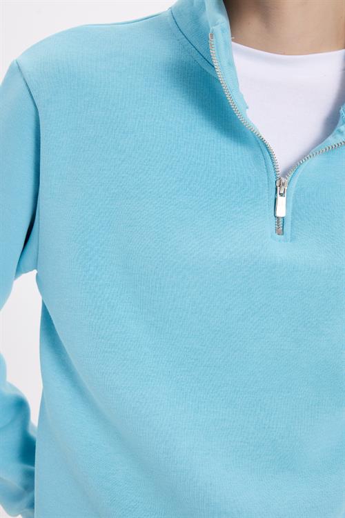 Kadın Relax Fit Rahat Kesim Pamuklu İçi Polarlı Yarım Fermuarlı Turkuaz Dik Yaka Sweatshirt