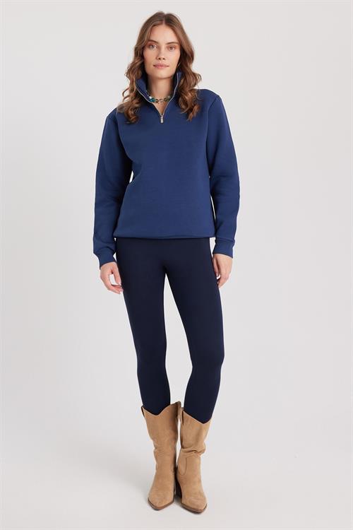 Kadın Relax Fit Rahat Kesim Pamuklu İçi Polarlı Yarım Fermuarlı Lacivert Dik Yaka Sweatshirt