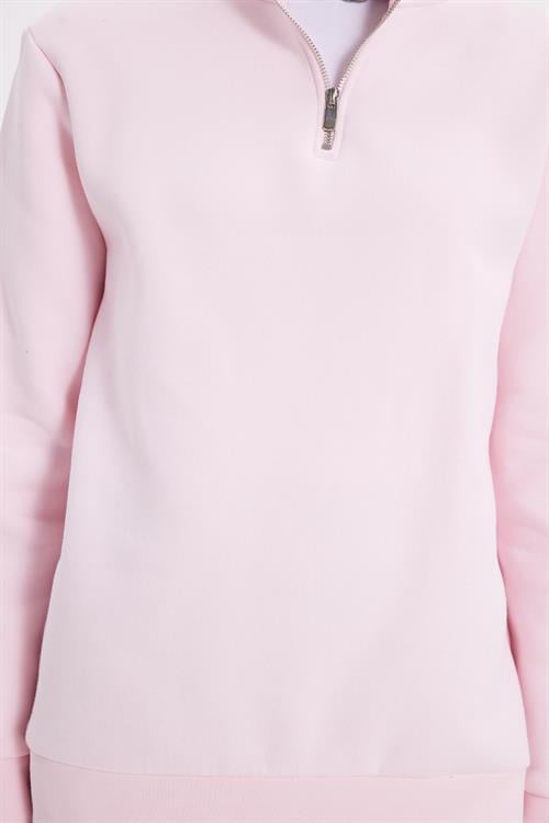 Kadın Relax Fit Rahat Kesim Pamuklu İçi Polarlı Yarım Fermuarlı Pembe Dik Yaka Sweatshirt