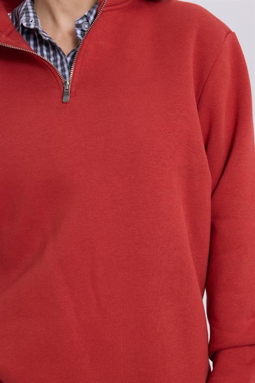 Kadın Relax Fit Rahat Kesim Pamuklu İçi Polarlı Yarım Fermuarlı Kırmızı Dik Yaka Sweatshirt