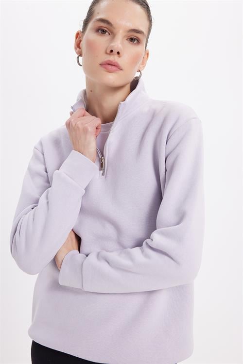 Kadın Relax Fit Rahat Kesim Pamuklu İçi Polarlı Yarım Fermuarlı Lila Dik Yaka Sweatshirt