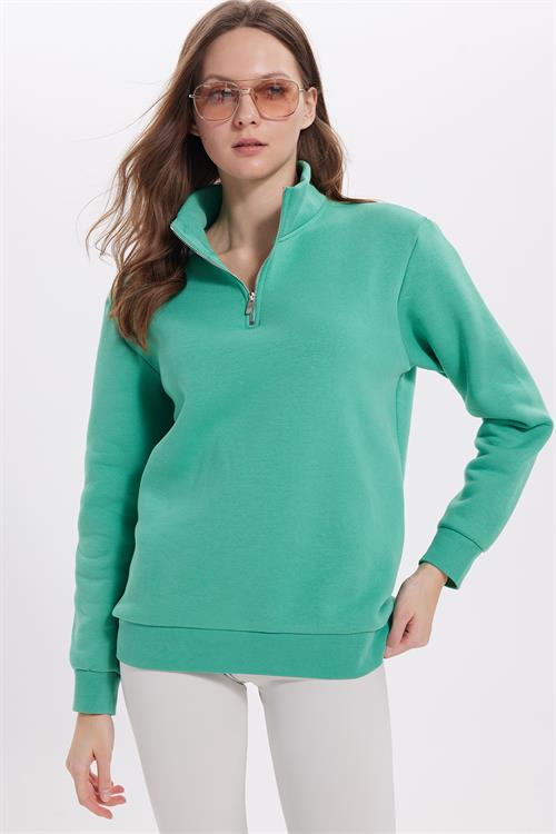 Kadın Relax Fit Rahat Kesim Pamuklu İçi Polarlı Yarım Fermuarlı Yeşil Dik Yaka Sweatshirt