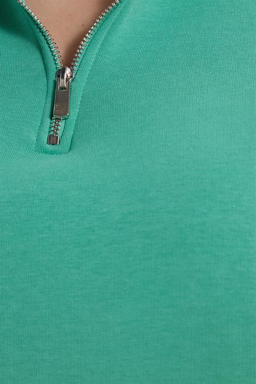 Kadın Relax Fit Rahat Kesim Pamuklu İçi Polarlı Yarım Fermuarlı Yeşil Dik Yaka Sweatshirt