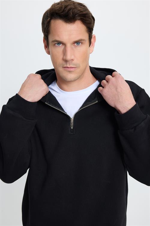 Unisex Relax Fit Rahat Kesim Pamuklu İçi Polarlı Yarım Fermuarlı Siyah Kapüşonlu Sweatshirt