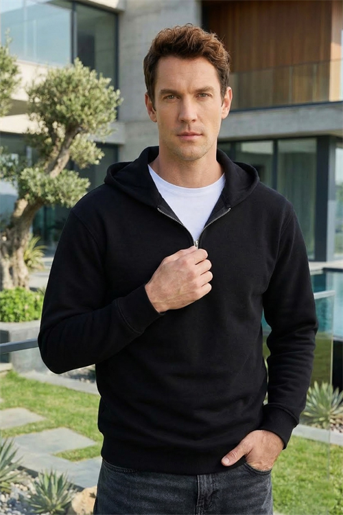 Unisex Relax Fit Rahat Kesim Pamuklu İçi Polarlı Yarım Fermuarlı Siyah Kapüşonlu Sweatshirt
