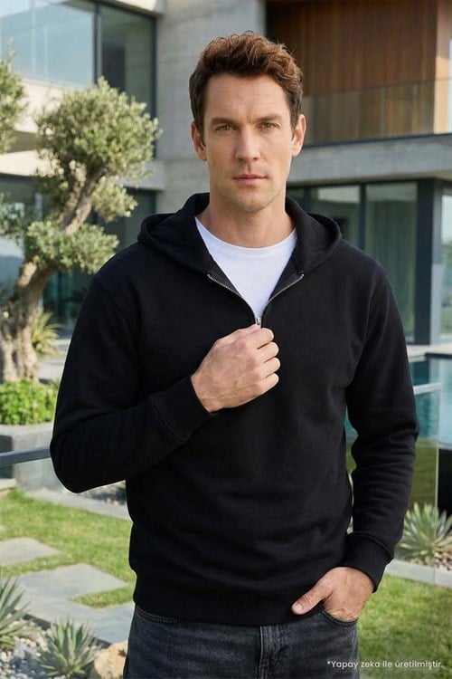 Unisex Relax Fit Rahat Kesim Pamuklu İçi Polarlı Yarım Fermuarlı Siyah Kapüşonlu Sweatshirt