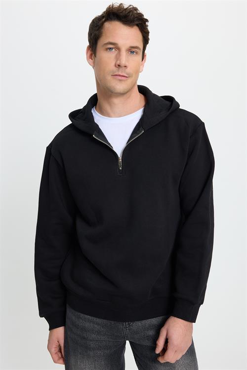 Unisex Relax Fit Rahat Kesim Pamuklu İçi Polarlı Yarım Fermuarlı Siyah Kapüşonlu Sweatshirt