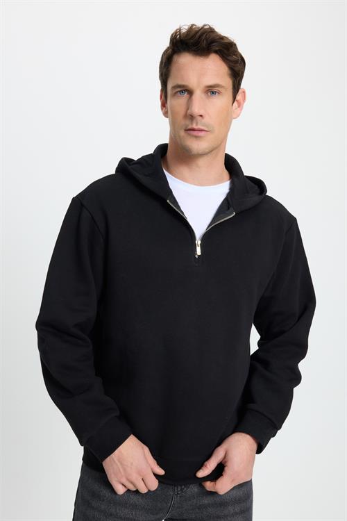 Unisex Relax Fit Rahat Kesim Pamuklu İçi Polarlı Yarım Fermuarlı Siyah Kapüşonlu Sweatshirt